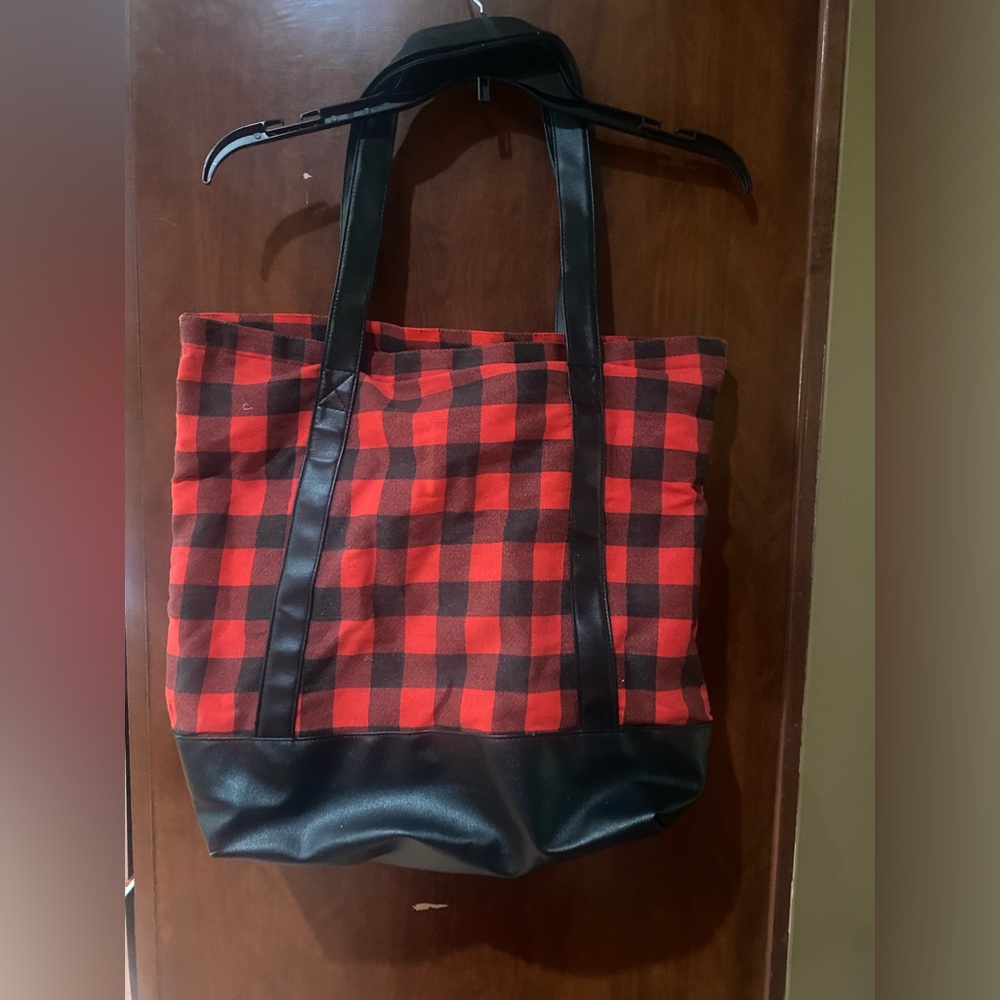 Monogrammed Red Buffalo Check Tote Bag with Black Trim - Picture 2 of 4